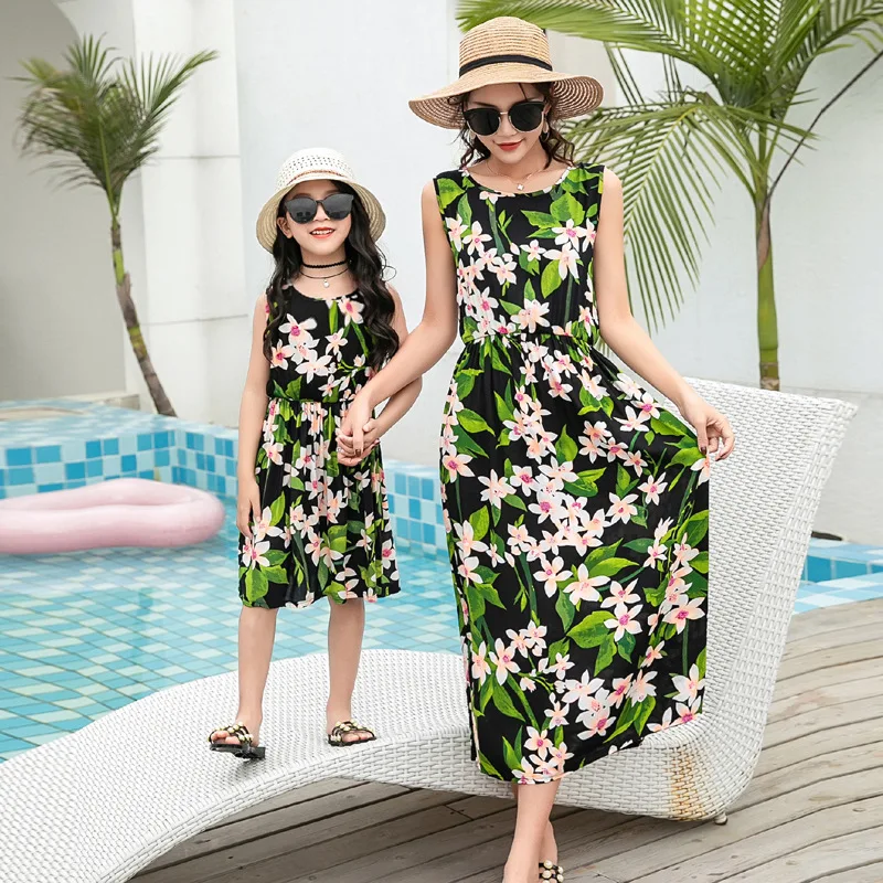 

Summer Fashion Cotton Printed Long Mother and Daughter Dress Banquet Dress Bandage High Waist Slim Family Parent-child Wear 2021