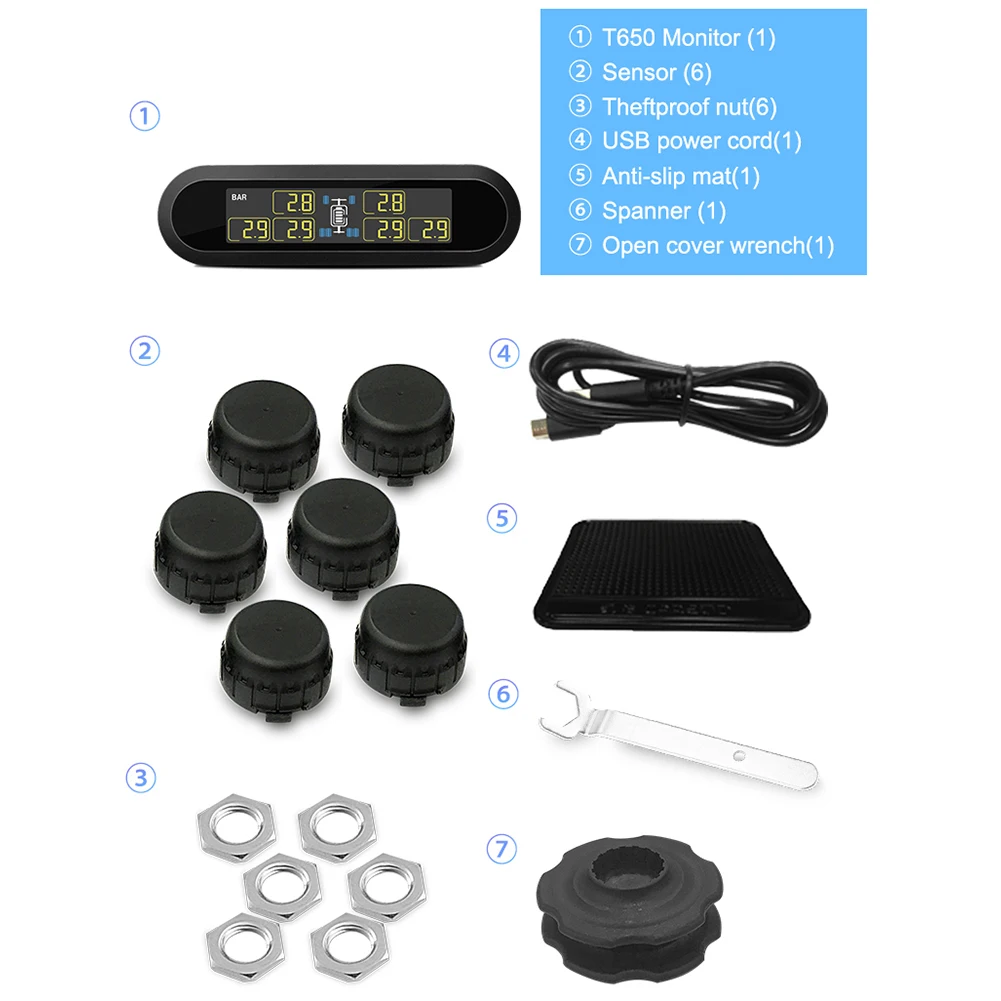 

T650 Car Wireless TPMS Tire Pressure Display Monitoring System with 2 Sensors