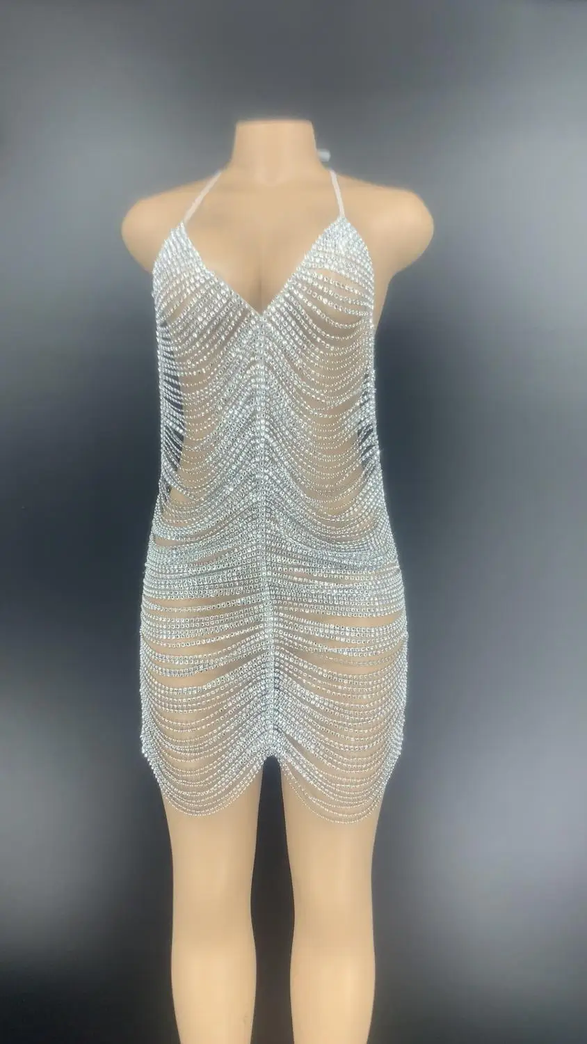 

Women Sexy Party Dress hollow-out See-through Superflash Diamond Dress Nightclub Singer Dancer DJ Performance Rhinestone Dress