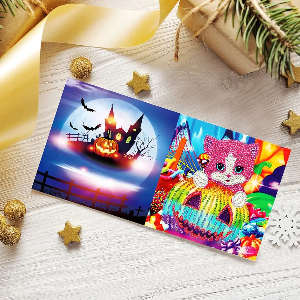 

4pcs 5D DIY Diamond Mosaic Greeting Card Halloween Diamond Painting Kit Crystal Embroidery Gift Card Halloween Theme Party Gift