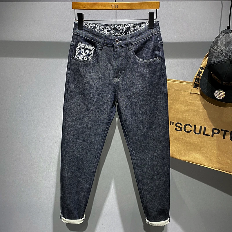 High Quality Young Men Japanese Jeans Printed Belt Pocket Hip Hop Street Dance Simple Sweatpants Male Denim Trousers