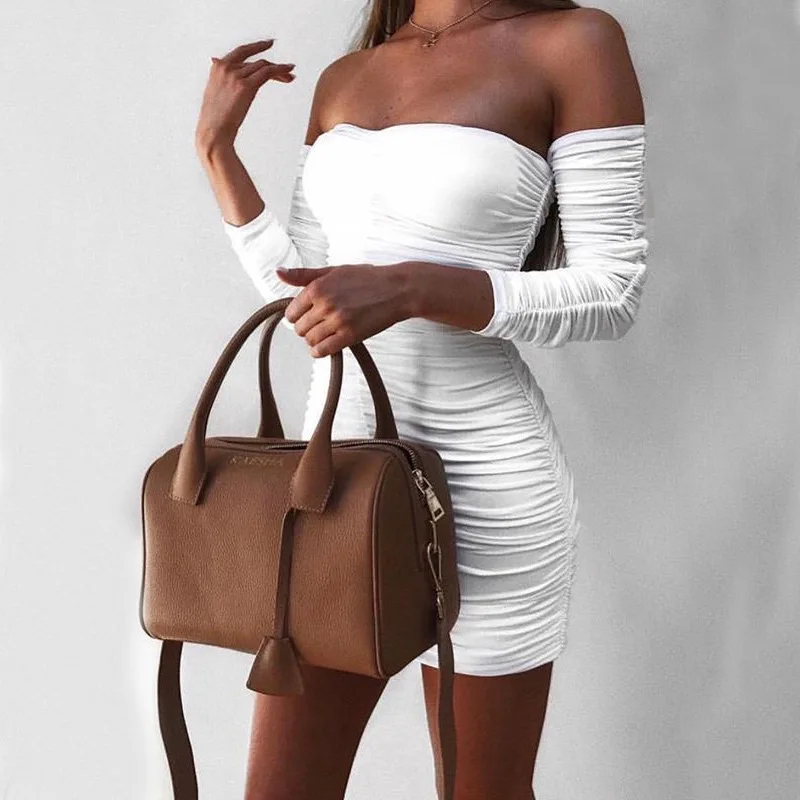 

Women Bandage Dress 4 Colors Sexy Off Shoulder Long Sleeve Slim Elastic Bodycon Party Dresses Vestidos