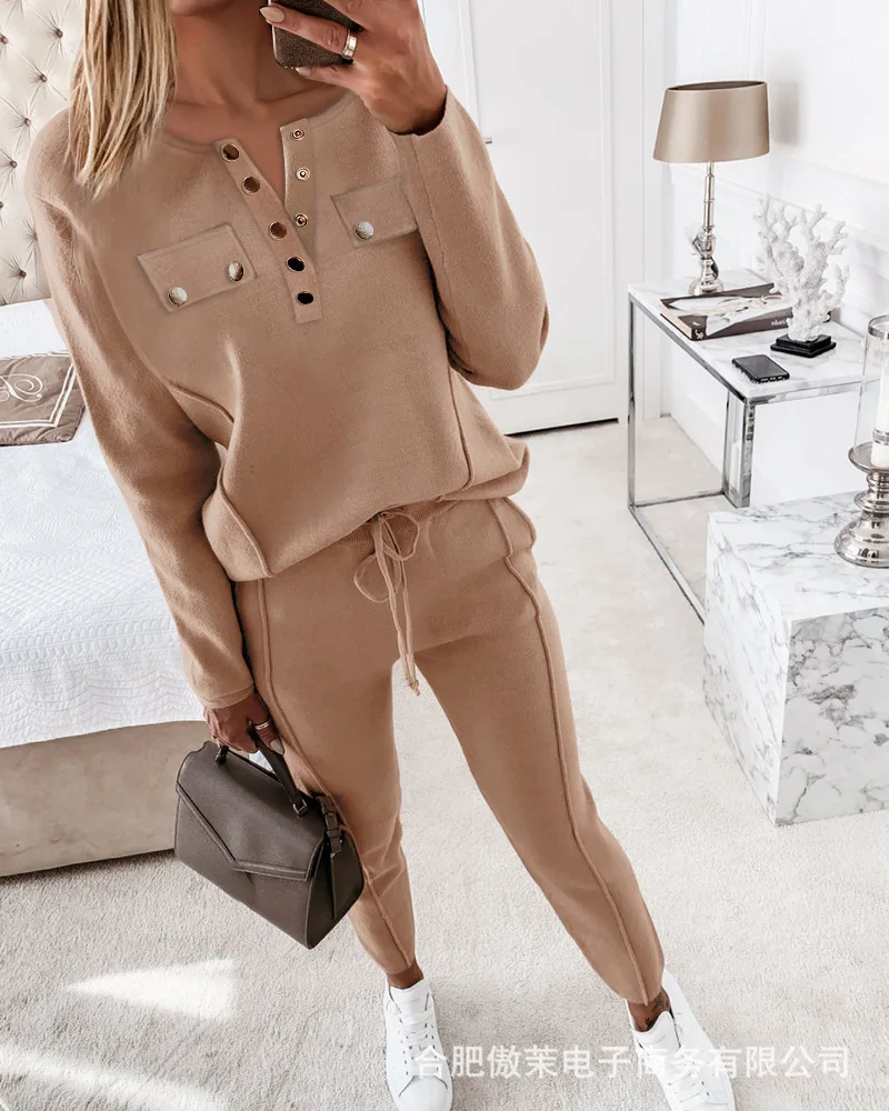 

2021 new women's round neck button decoration casual suit Spring/Autumn