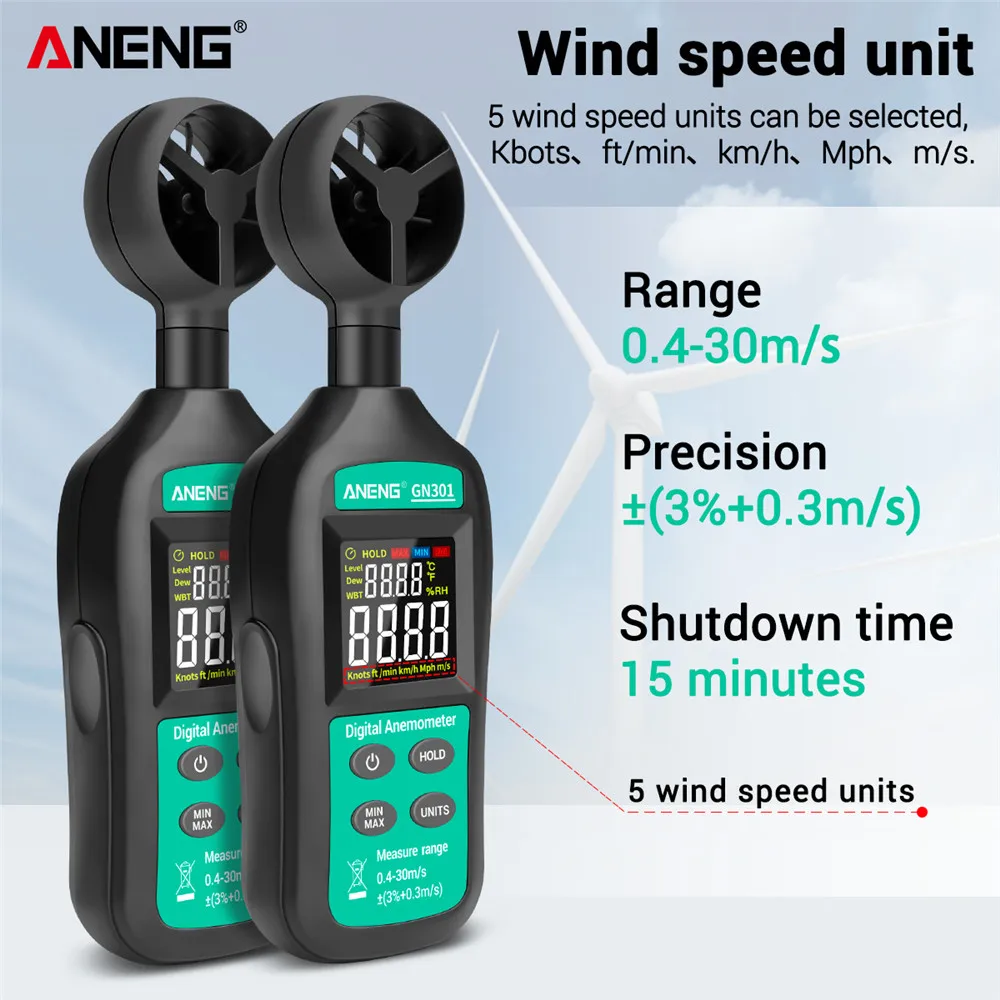 

Цифровой анемометр GN301, измеритель скорости ветра 0-30 м/с, Диапазон измерения температуры от-10 до 45 с, с ЖК-дисплеем и подсветкой