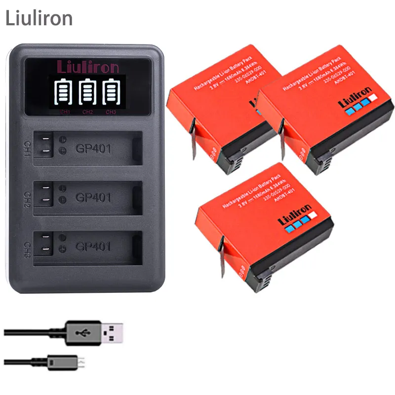 charger and 3battery 1680 мАч Gopro Hero 4 Батарея запасная часть+ светодиодный 3 слотов для карт USB Зарядное устройство для GoPro HERO4 GoPro AHDBT-401 экшн Камера акумуляторная батарея - Цвет: charger and 3battery