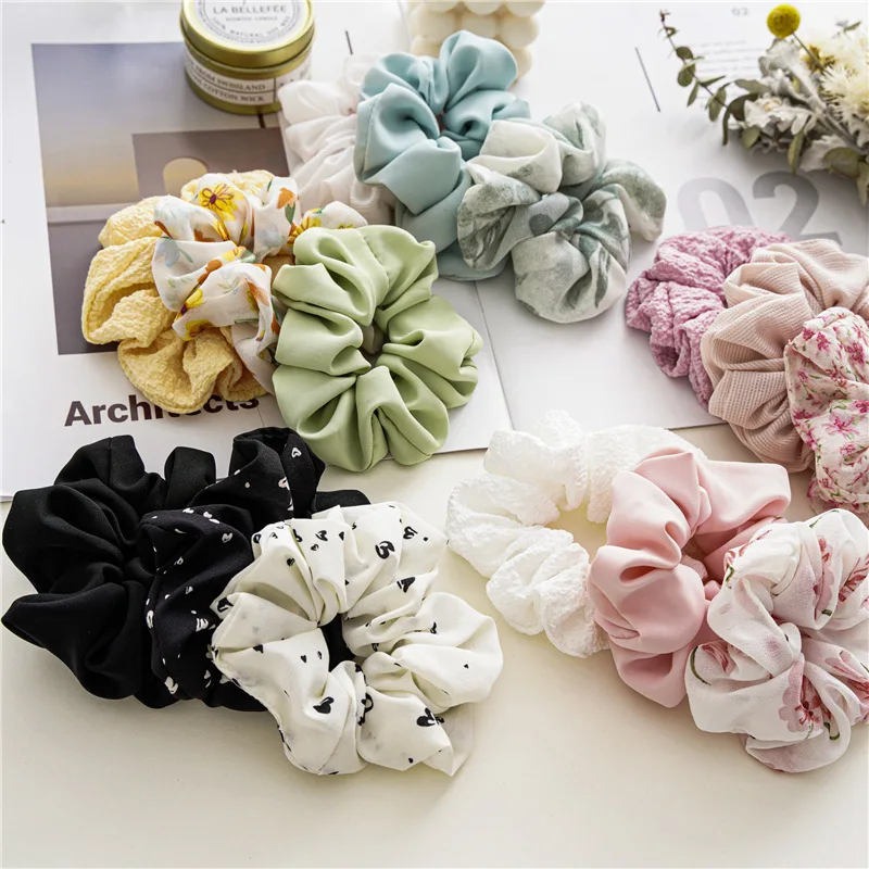 

3Pcs Vintage Korea Floral Print Scrunchie Elastic Hair Bands Solid Color Headwear Hair Tie Ponytail Holder Sweet Hair Accesories