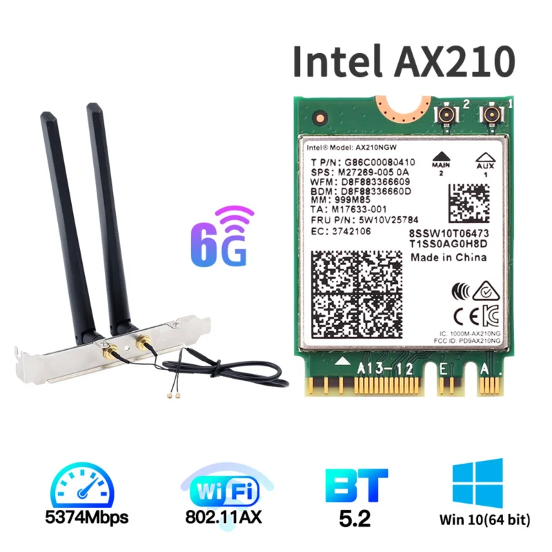Двухдиапазонная беспроводная карта Wi-Fi 3000 Мбит/с Intel AX210 M.2 Bluetooth 5 2 1/802 AC/ax AX210NGW с 6