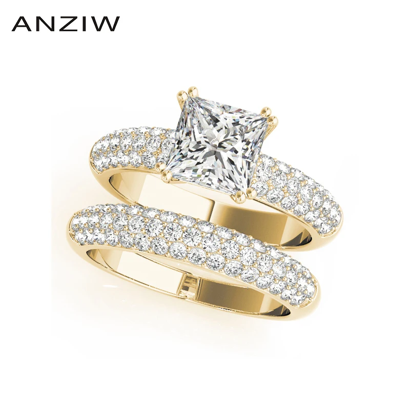 Набор обручальных колец из стерлингового серебра 925 пробы желтого золота 4 зубца