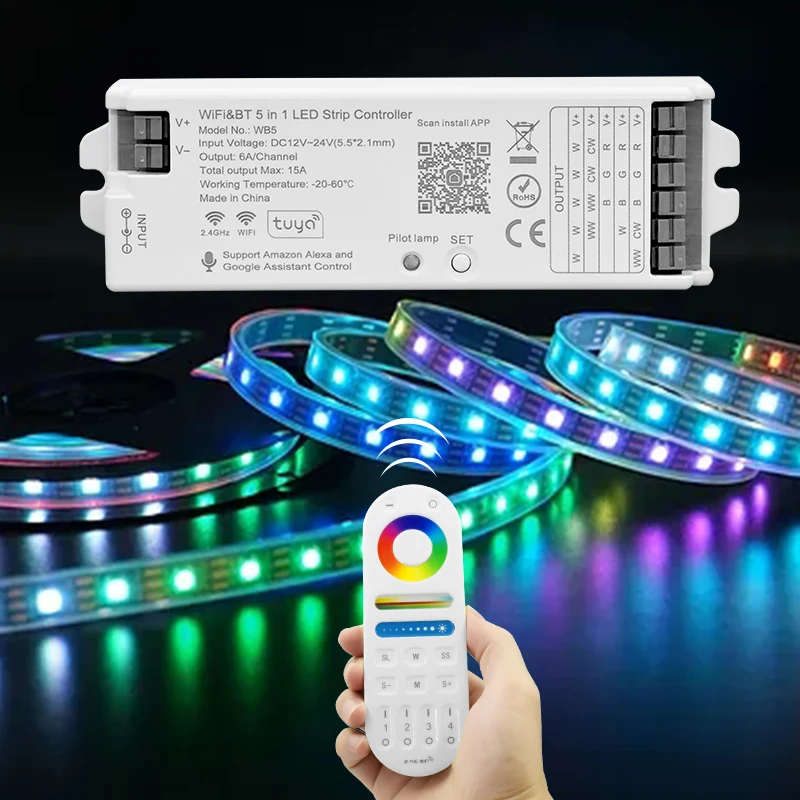 WB5 DC12-24V 5 in 1 LED Controller Tuya 2.4G Wifi For Single Color CCT RGB RGBW RGB+CCT LED Strip Light Tape