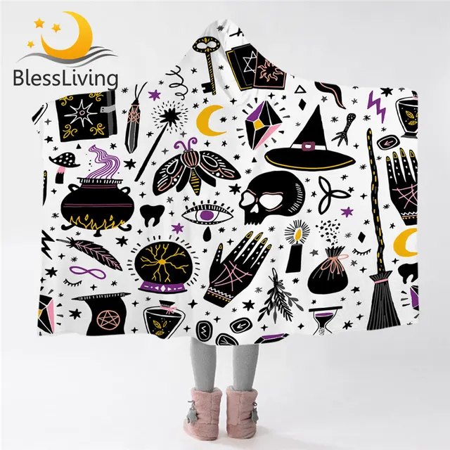 BlessLiving Witchcraft Hooded Blanket for Adults Astrology Microfiber Blanket Hoodie Black Skull Wearable Blanket Broom Bedding 1
