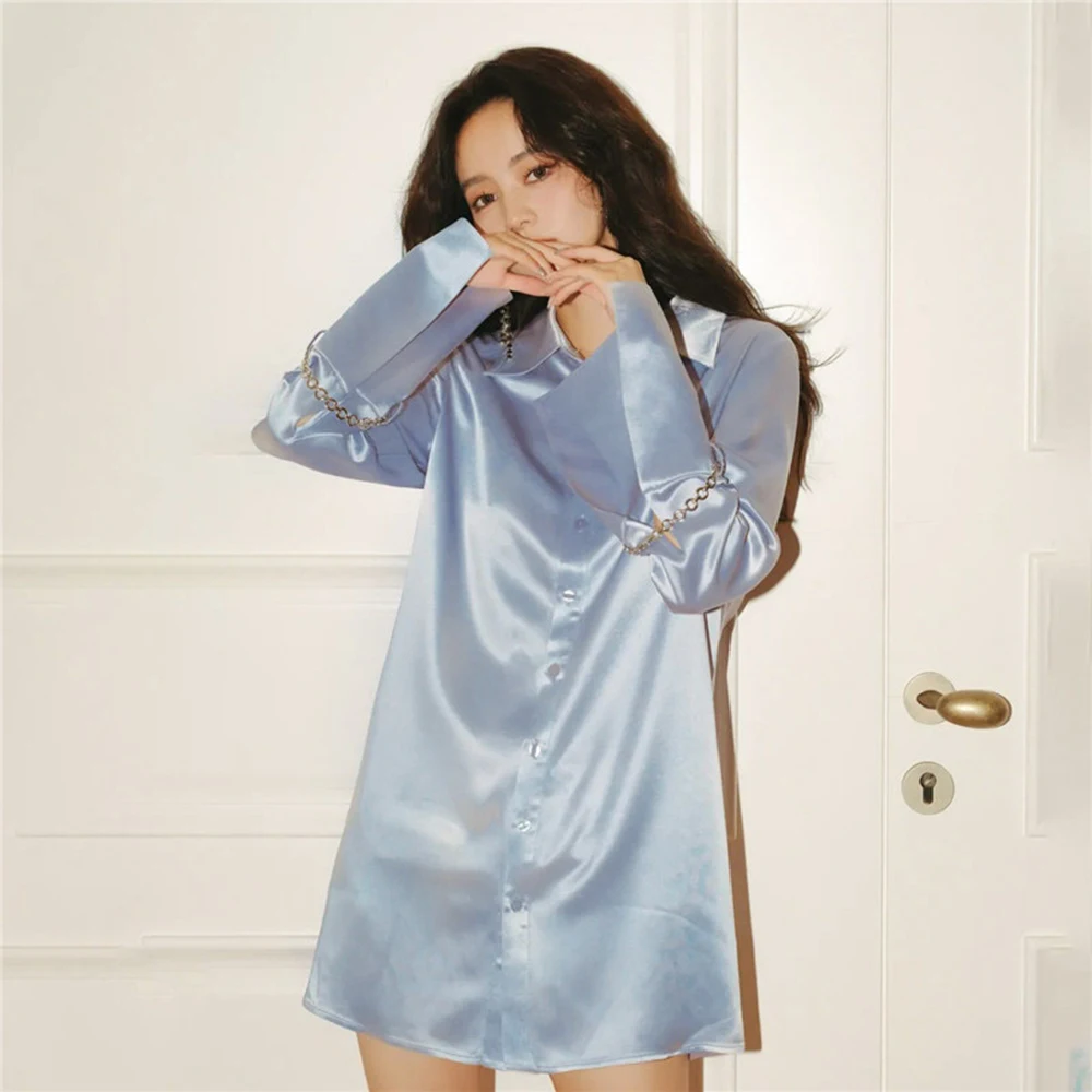 

2021 Fashion sexy designer mid-length long-sleeved blue shirts female autumn winter V-neck shirt blouses