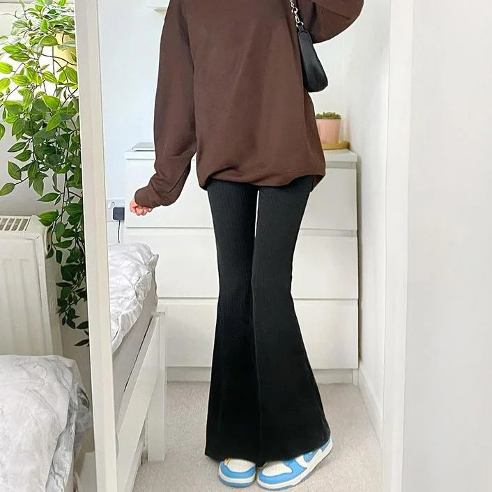 Повседневные однотонные облегающие большие расклешенные брюки с высокой талией