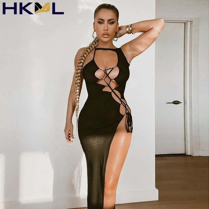

Women Dress Sleeveless Solid Hollow Out Halter Backless Side Split Bandage Bodycon Sexy Dress 2021