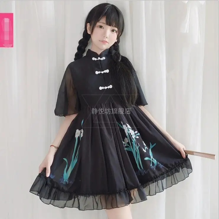 

Japanese Harajuku Retro Gothic Dress Women's Summer New Mori Girl Chiffon Dress Sweet Cute Lolita Princess Dress