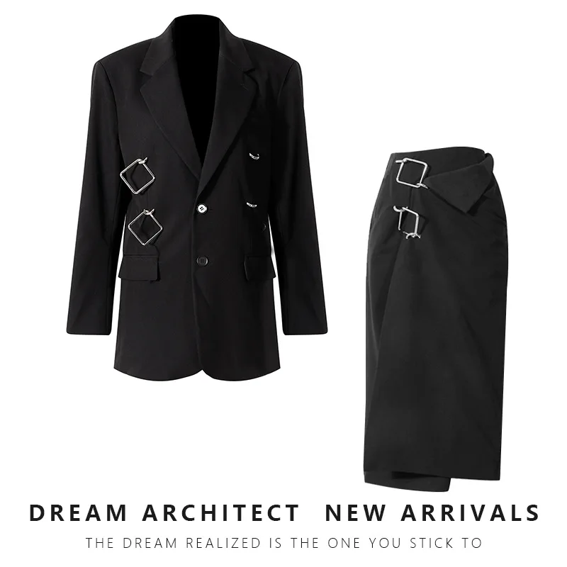 

Women Businees Skirt Sets Black Office Lady Casual Blazer Sets for Autumn Two-piece Suit Jacket Square Metal Buckle 2 Piece Set