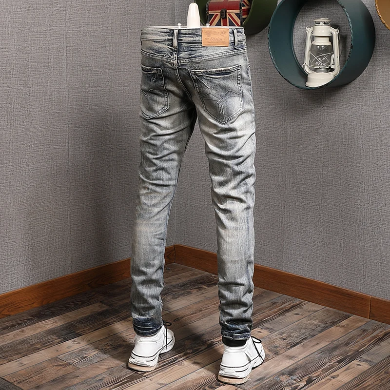 European American Vintage Fashion Men Jeans Retro Yellow Blue Elastic Slim Ripped Jeans Men Embroidery Designer Denim Punk Pants