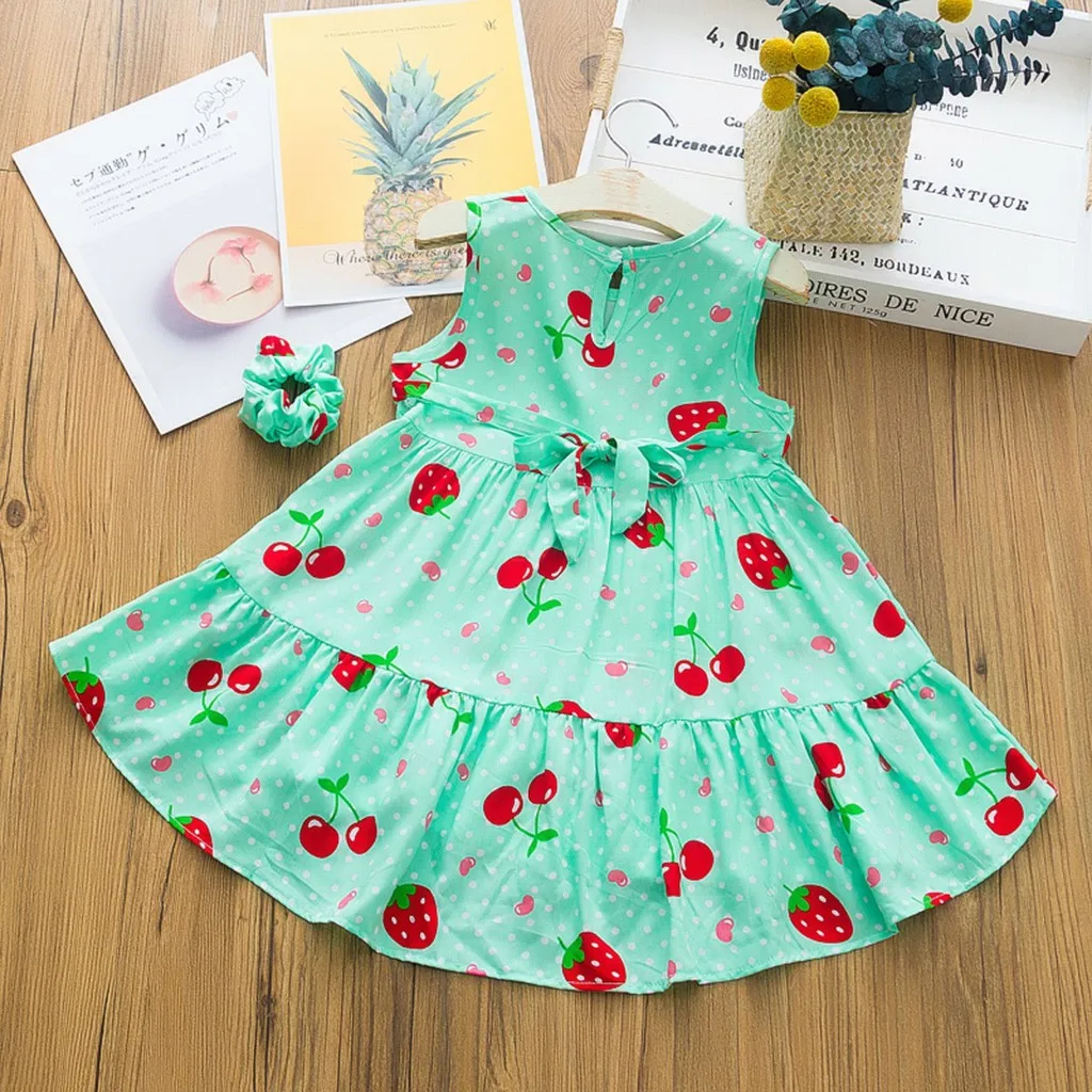 Baby Kids Girls Sleeveless Strawberry Dot Printed Dress+Headband Clothes Set 1 2 3 4 Years | Детская одежда и обувь