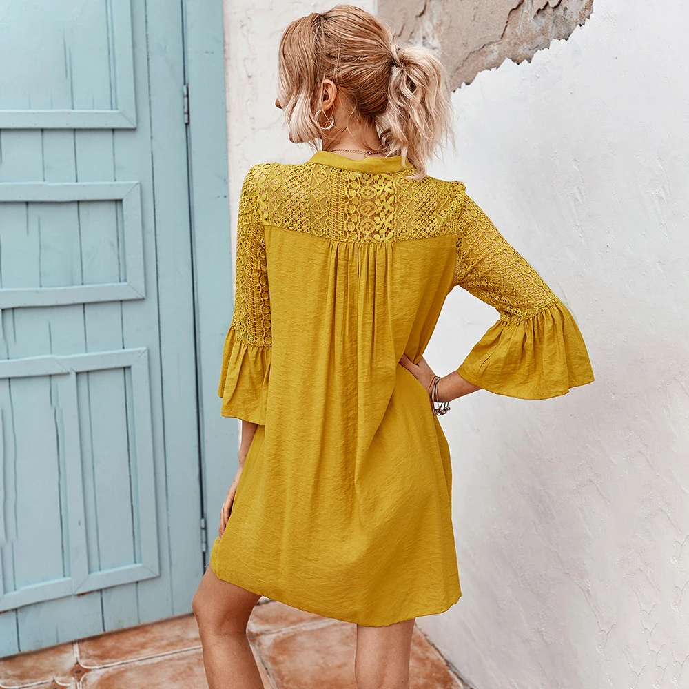 Женское платье кружевное мини-платье с рюшами желтая Повседневная Свободная