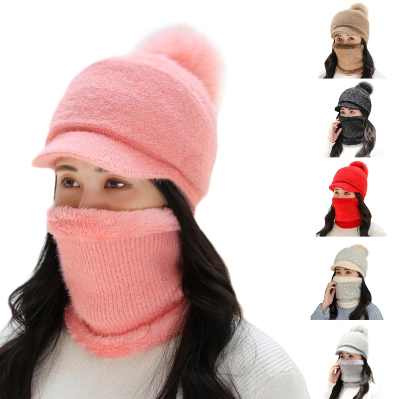 

Women Winter 2Pcs Set Pompom Visor Knit Beanie Hat with Plush Lined Circle Scarf N58F