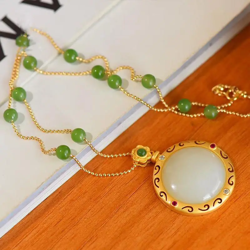 

New Auspicious Vintage Pattern Hetian Jade round Plate Pendant Ancient S925 Sterling Silver Gilding Jasper Necklace Female Palac
