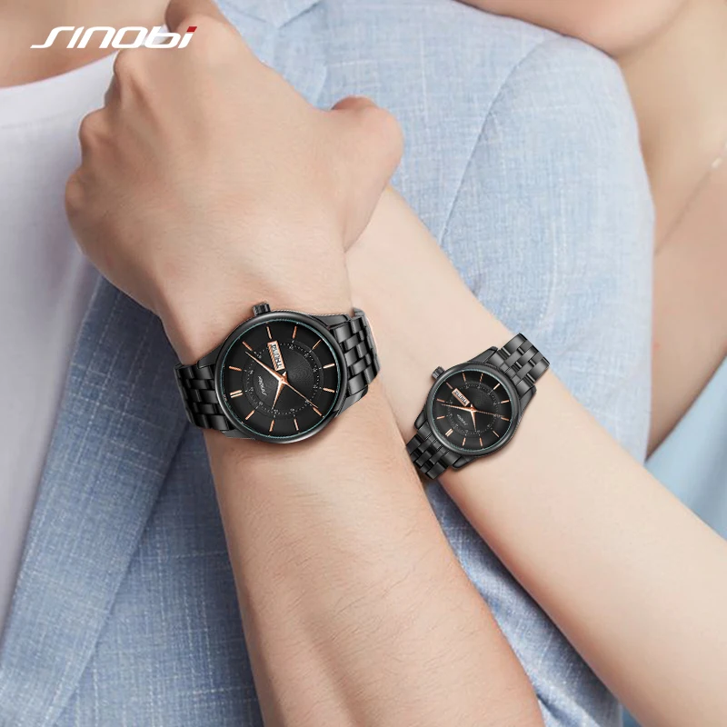 SINOBI 2021 Fashion Luxury Couple Watches Lovers Goldren Black Women Watches Waterproof Men's Watches Lover relogios masculinos