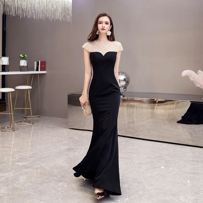 

Women's Elegant Mermaid Evening Dresses O-Neck Illusion Strapless Solid Color Patchwork Slim Dress Formal Banquet Party Gowns