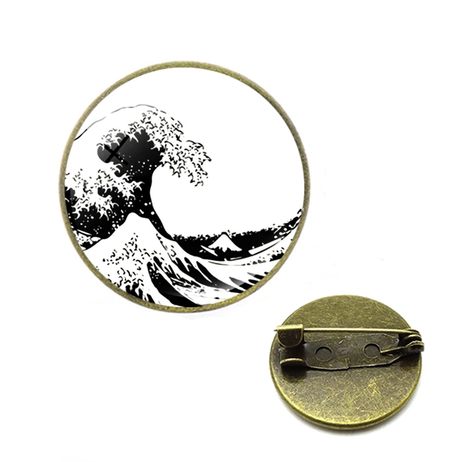 Классическая картина серфинг Kanagawa броши японская Ukiyo e Art синяя морская волна 3D