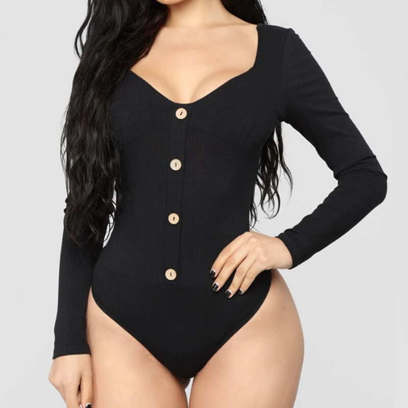 Сексуальные женские боди с длинным рукавом v образным вырезом и пуговицами