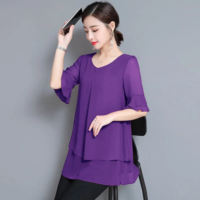 Женская шифоновая блузка многослойная длинная летняя с круглым вырезом и