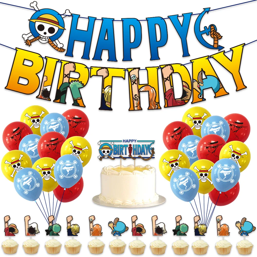 1 Set Anime ONE PIECE Balloons Happy Birthday Banner Cake Topper Balloon for Boys Girls Party Decor Kids Air Globos Toy | Дом и сад