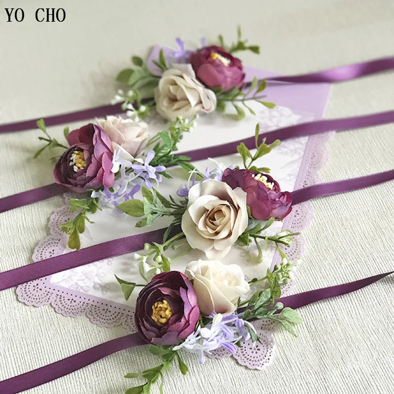 

YO CHO Искусственный цветок розы, бутоньерка для жениха, Свадебный бутоньерка, браслет подружки невесты, фиолетовые шелковые цветы, брошь для ...