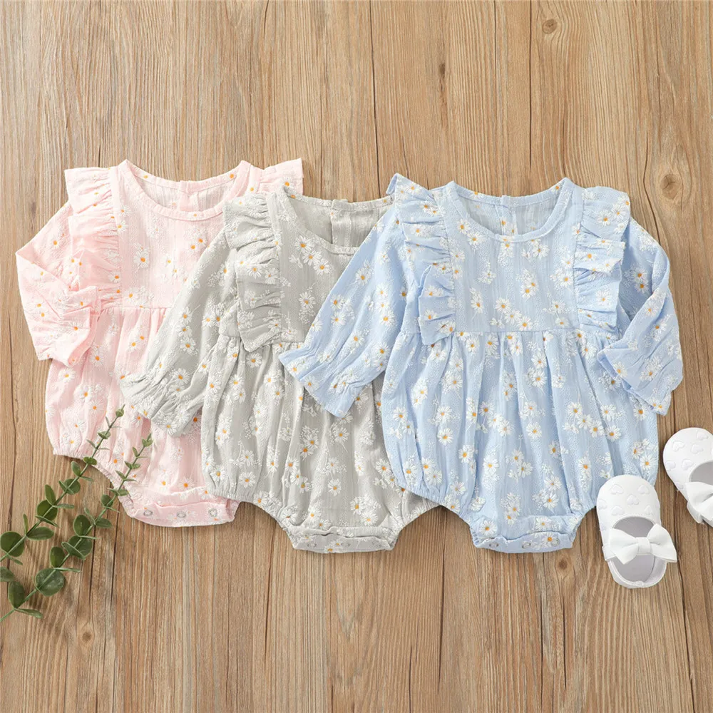

0-24 Months Baby Girl Long Sleeve Romper Sweet Cute Spring Autumn Newborn Toddler Little Daisy Embroidery Ruffles Bodysuits
