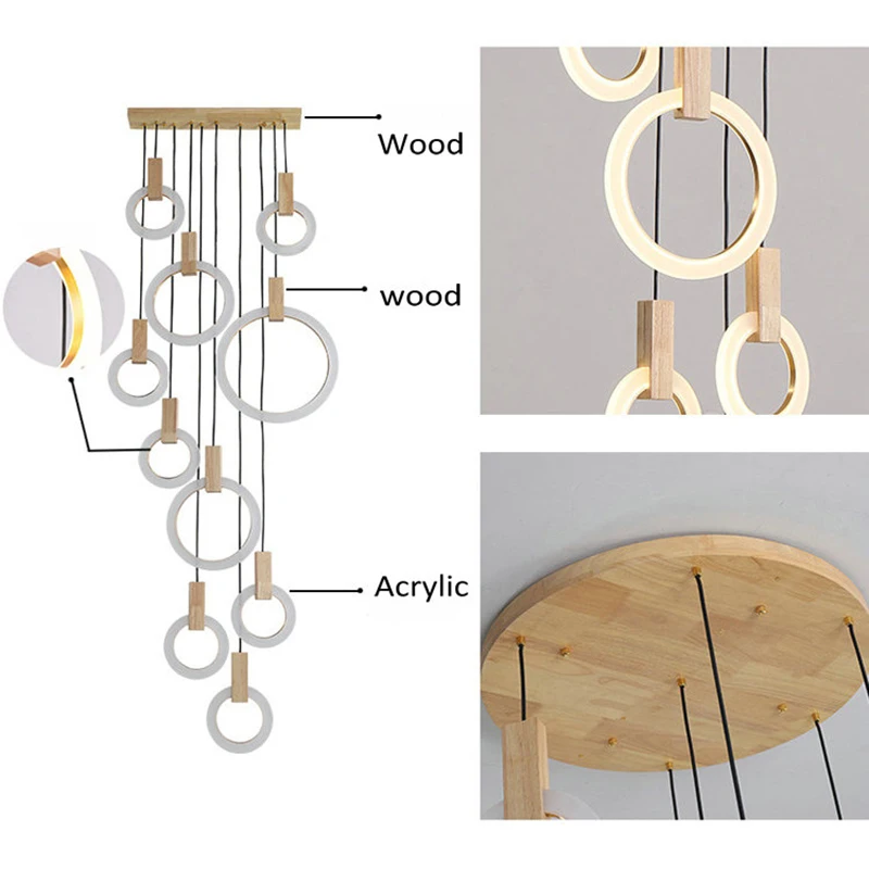 

Post Modern Nordic Wood Hanging Light LED Hanglampen Living room Stairs Hotel Bar Circle Round Acrylic Pendant Lights