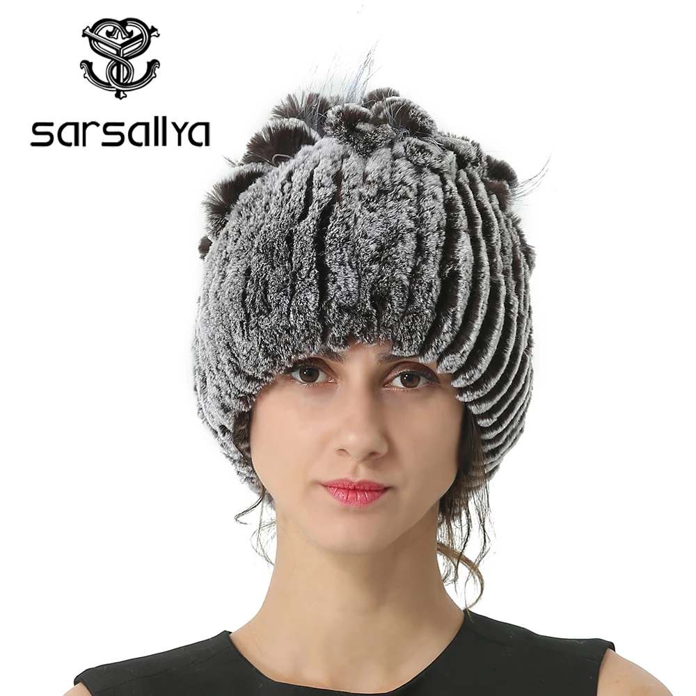 Женская вязаная шапка с кроличьим мехом Rex однотонная эластичная на осень зима