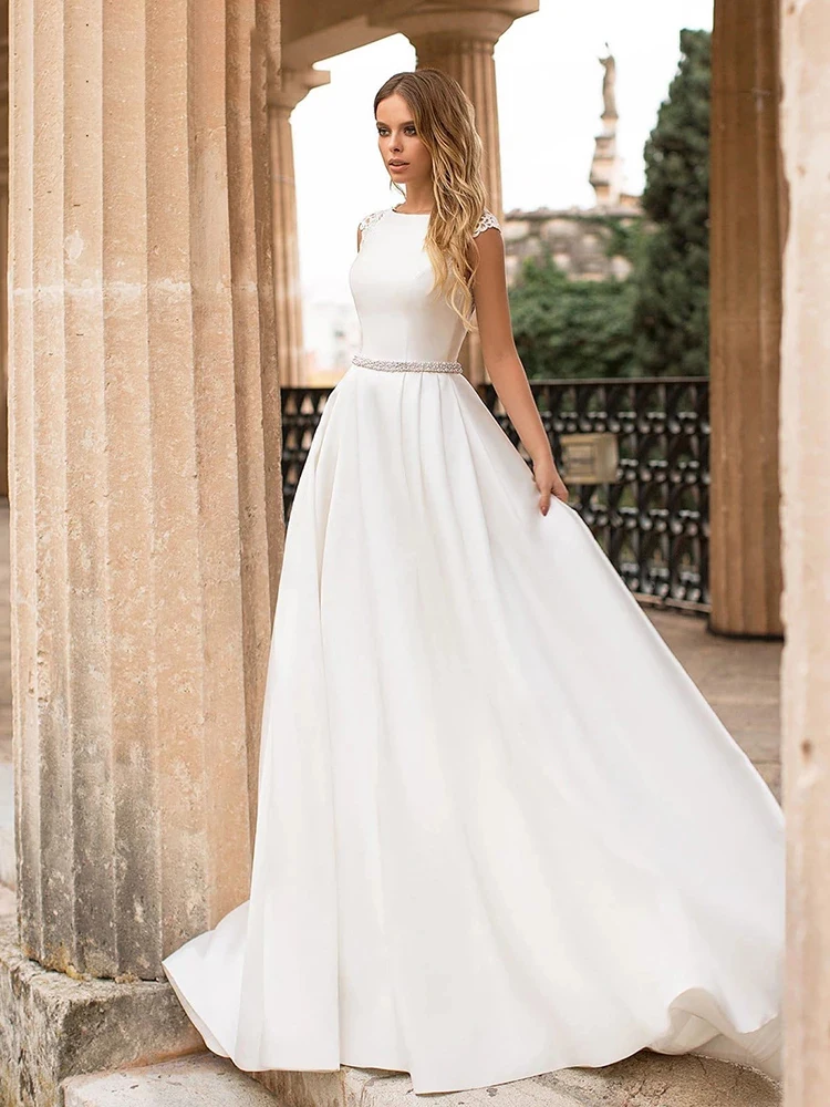 

Luxury Matte Soft Satin A Line Wedding Dresses Sleeveless O-neck Sweetheart Gowns Pearl Belt Lace Button