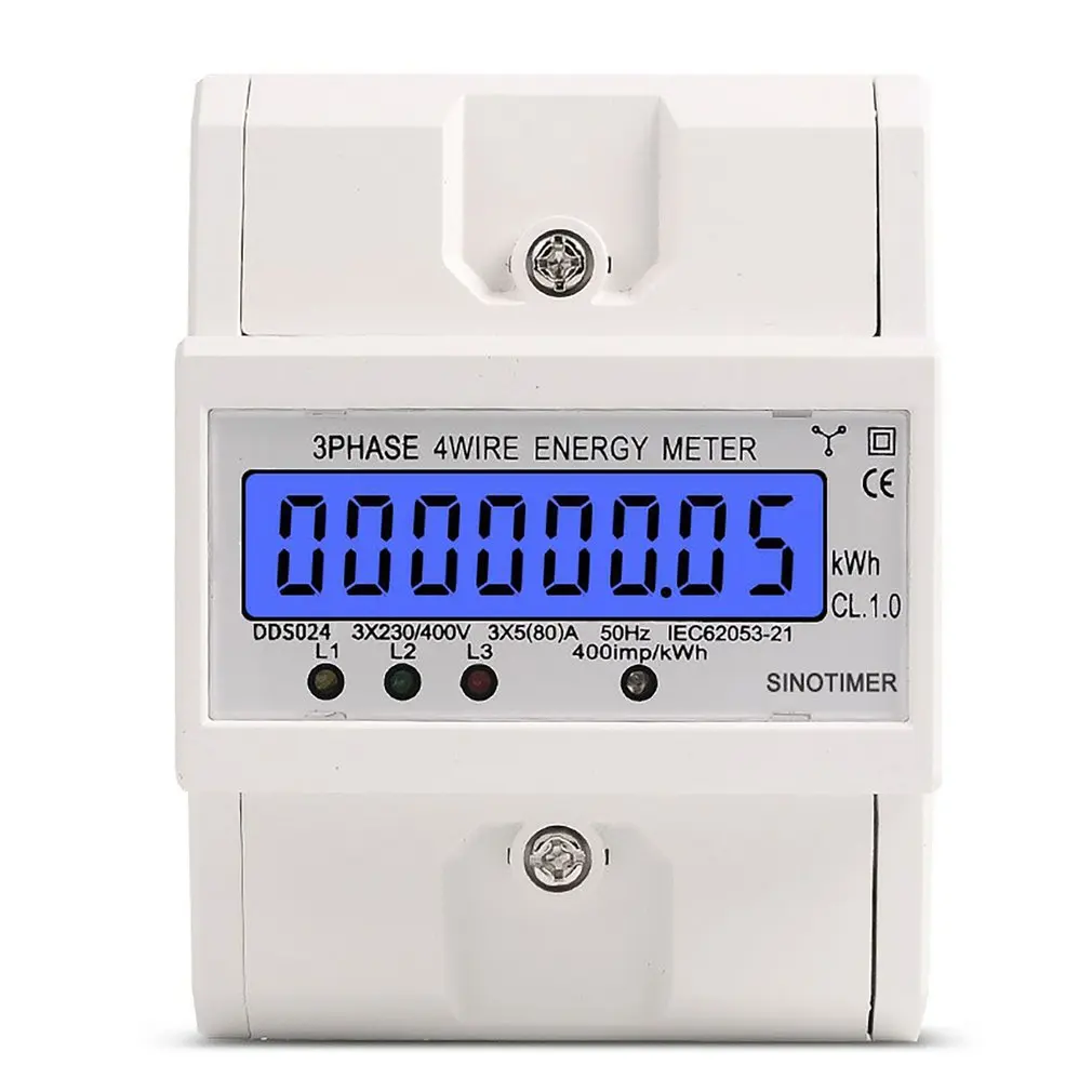 

Din Rail 3 Phase 4 Wire Electronic Watt Power Consumption Energy Meter Wattmeter KWh 5-80A 380V AC 50Hz LCD Backlight Display