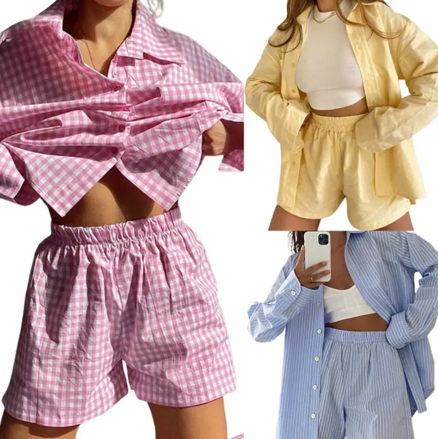 

2 Pieces Suit Set Female Striped/ Plaid Turn-Down Collar Long Sleeve Shirt Short Pants for Summer S M L XL