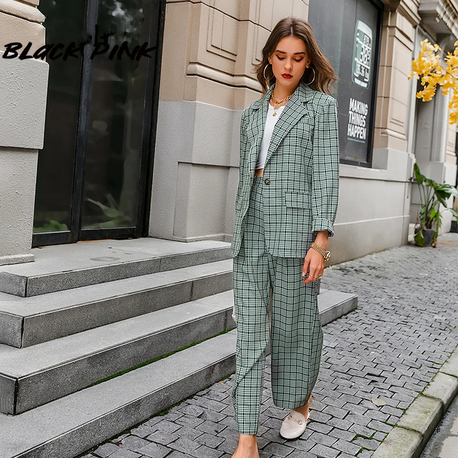 

Women Blazer Suit Elegant Plaid Two-pieces Casual Streetwear Suits Female Blazer Set Chic Office Ladies Women Coat Suit
