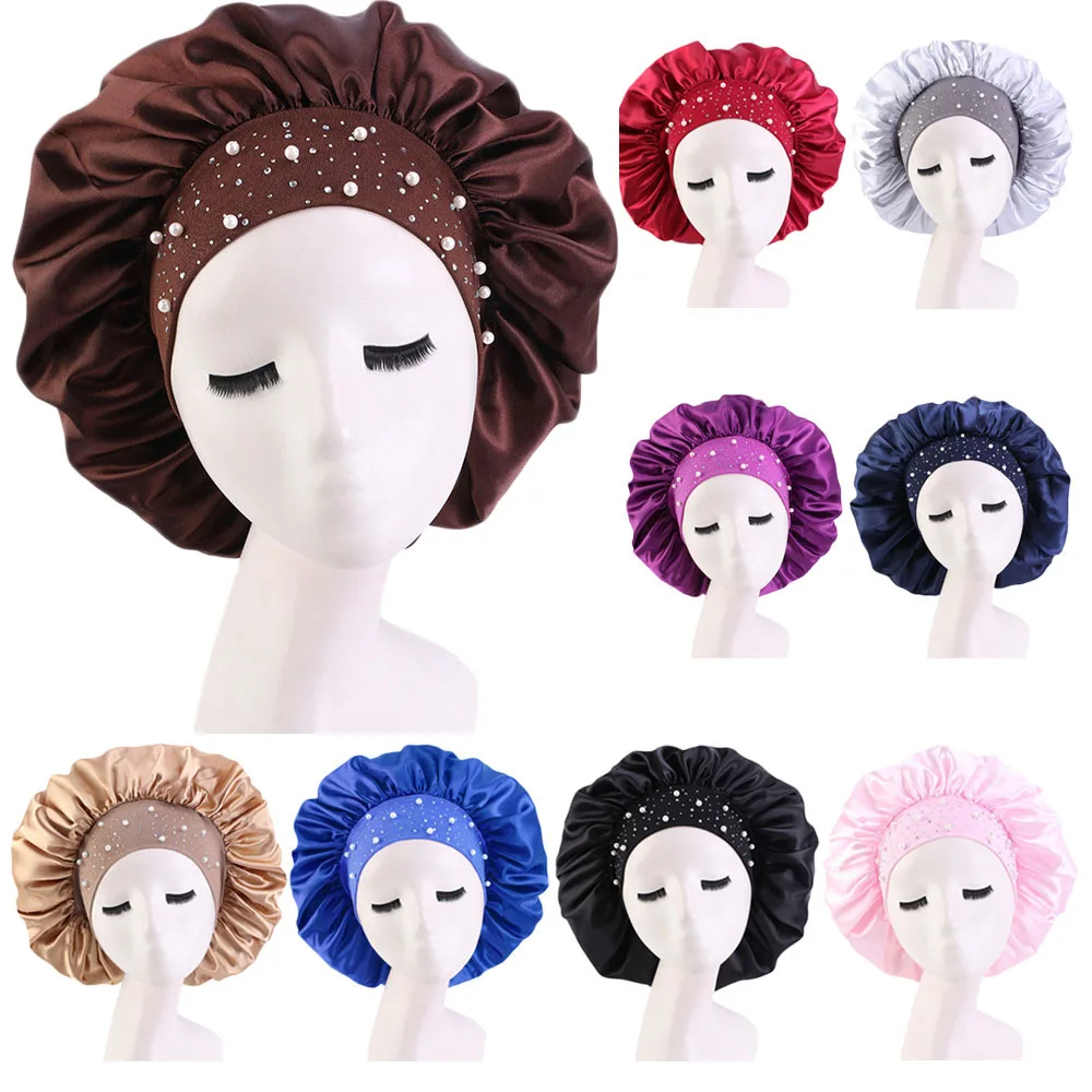 

Large Women Beauty Satin Silky Bonnet Sleep Night Cap Head Cover Hat Turban Wide Elastic Band Hair Care Shower Scarf Nightcap