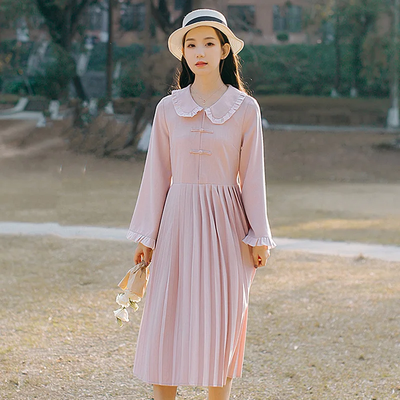 Японское женское винтажное платье Mori Girl китайский стиль кукольный воротник