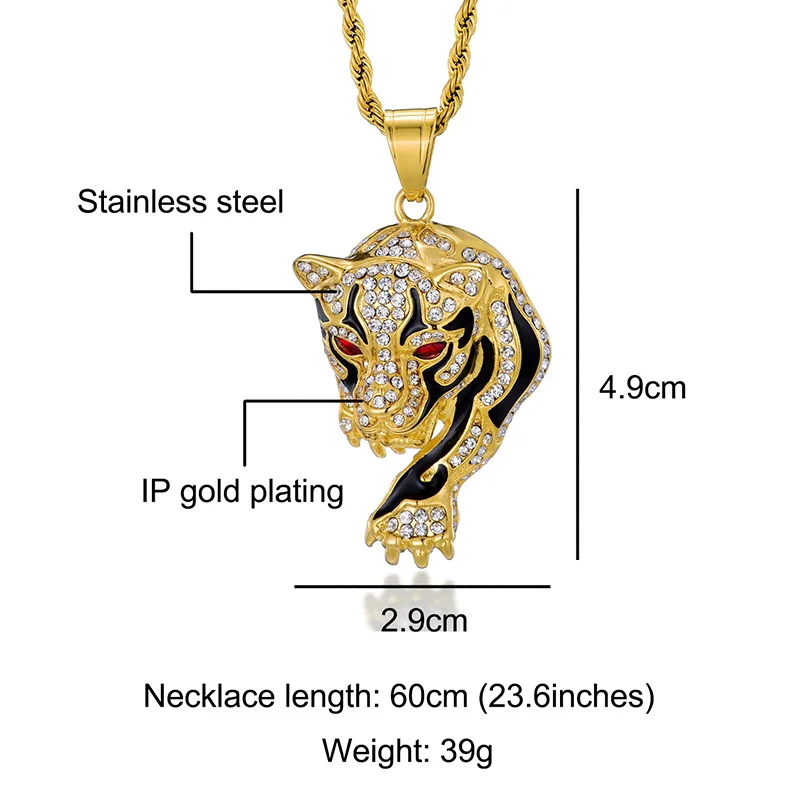 

Gold Silver Color Bling 316L Stainless Steel Rhinestone Leopard Pendants Hip Hop Animals Necklace For Men Women Hip Hop Jewelry