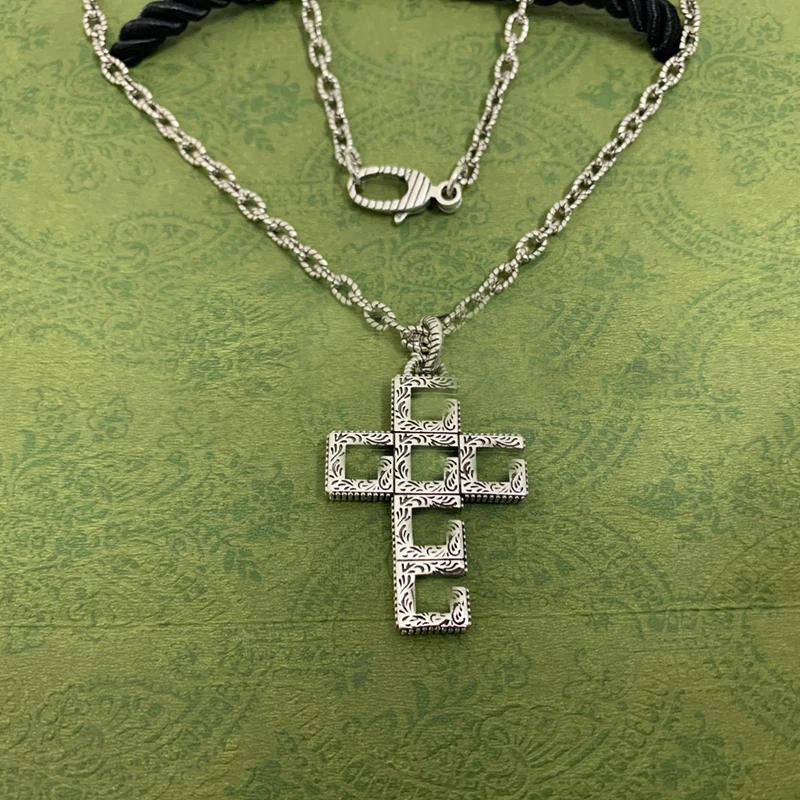 

Ag925 Sterling Silver Necklace Cross Hollow Necklace Men and Women Couple Pendant Retro Hip Hop Luxury Brand Party All-match