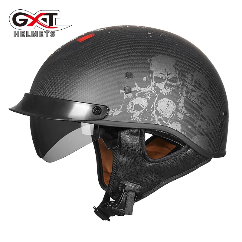 GXT Carbon Fiber half helmet Vintage Men's Motorcycle Retro Women's scooter Punk Skull style Moto casco Dot Casque | Автомобили и