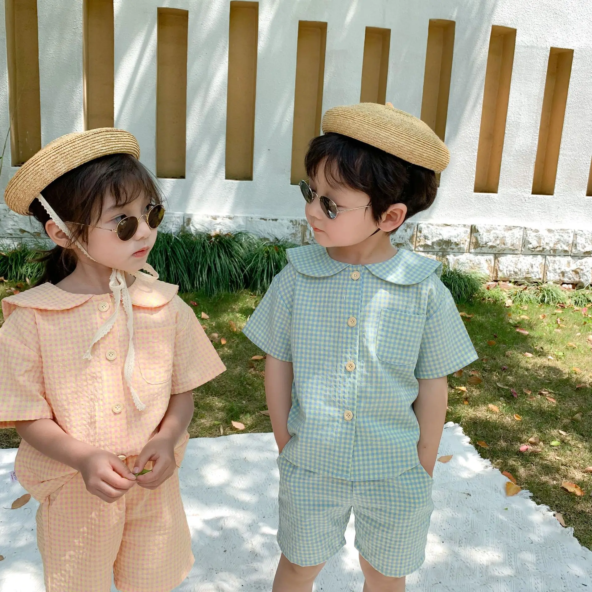 Летние милые комплекты одежды в клетку с матросским воротником для мальчиков и