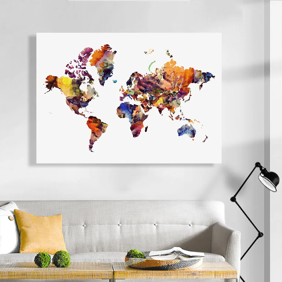 

Abstract Watercolor World Map Travel Wall Art Canvas Paintings Pictures Poster and Print for Living Room Kitchen Home Decoration