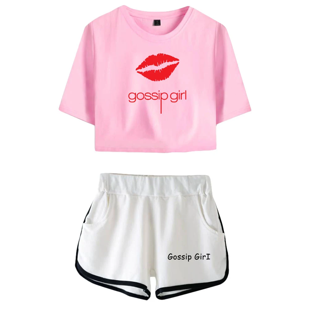 

Luxury American Tv Series Gossip Girl Print T-shirts shorts Pants Dew navel Sport Short Sleeve Suits Girls Sexy Two Pieces sets