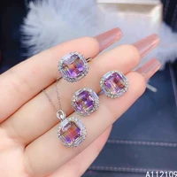 fine jewelry 925 pure silver inset with gem womens luxury fashion square ametrine pendant adjustable ring earring set support d