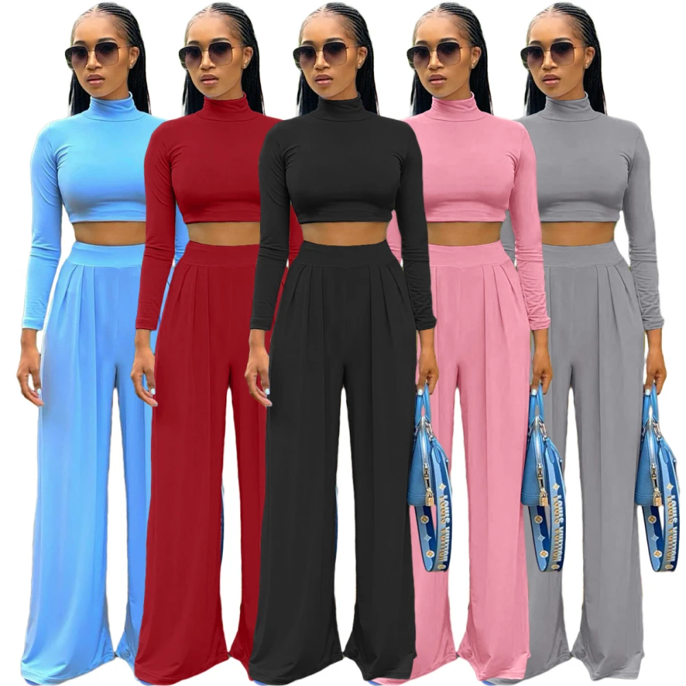 

Autumn Pure Color Two Piece Sets Women Long Sleeve Casual Outfit Turtleneck Crop Top Folds Wide Leg Pants Wholesale Dropshipping