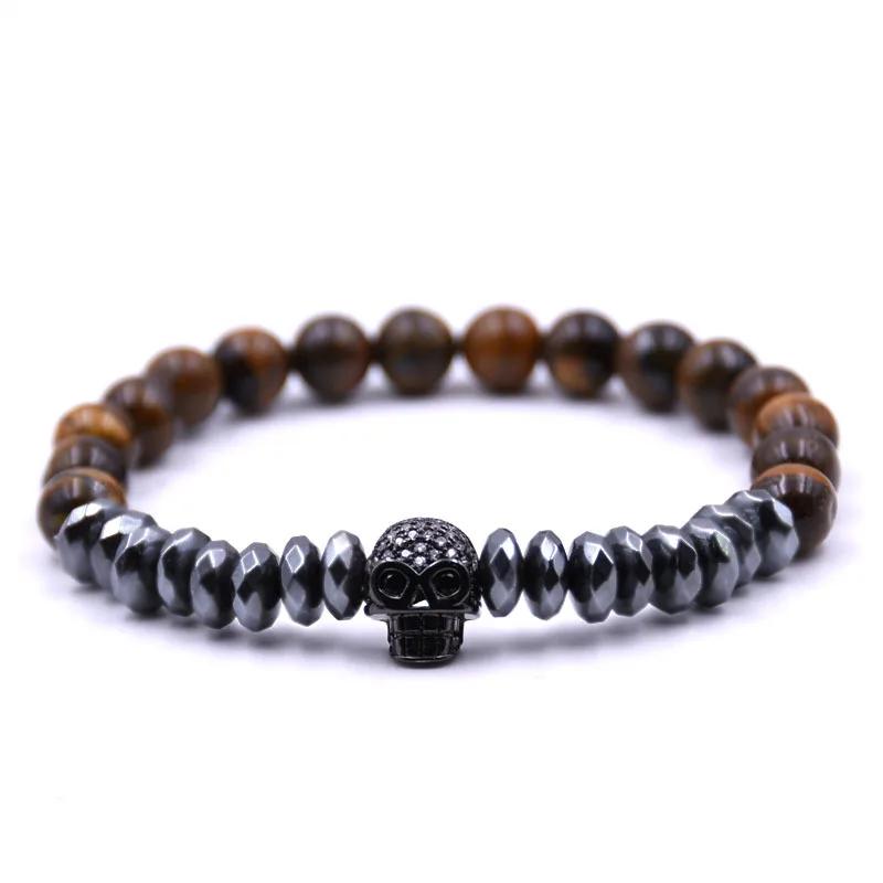 Панк мужской браслет из головы черепа натуральная Лава тигровый глаз Гематит