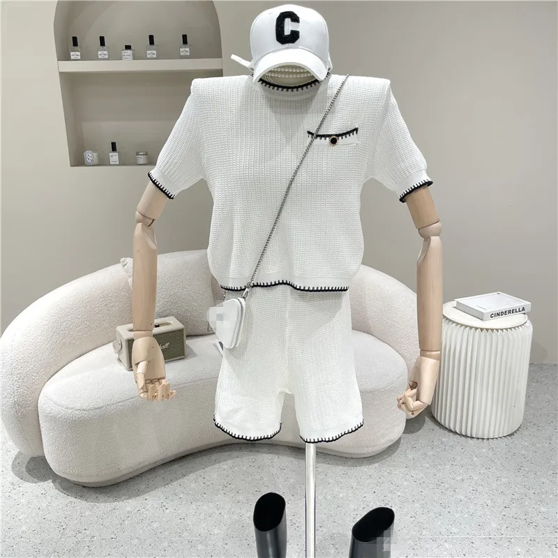 

New Women's Clothing Summer 2021 Temperament round neck short sleeve T-shirt high waist shorts Knitted Two piece set